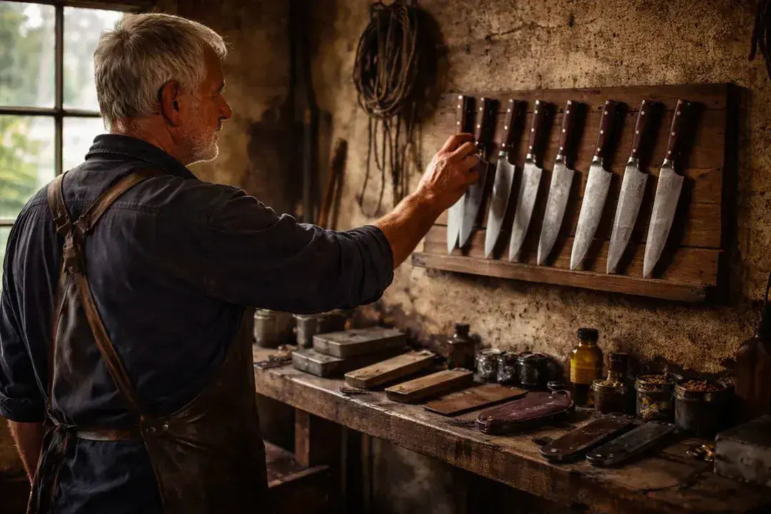 Bladesmith at work with flames and glowing coals
